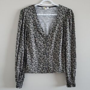 Boden Dark Green White Floral Printed Cotton Blouse Puffy Sleeves V Neck Sz 8